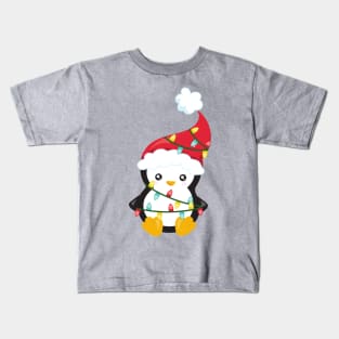 Christmas Penguin, Santa Hat, Christmas Lights Kids T-Shirt